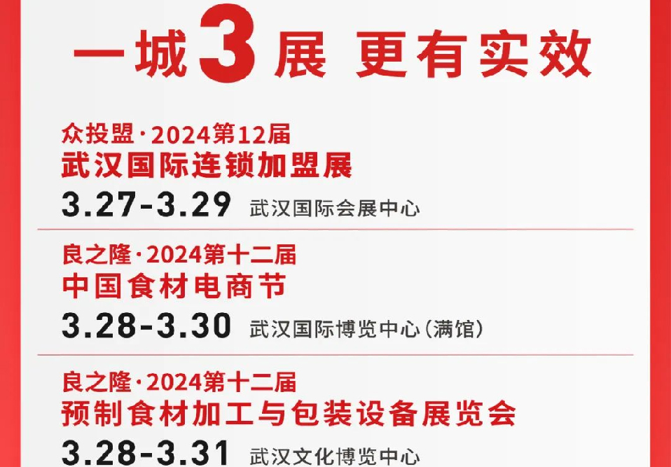 三展同開丨眾投盟2024第12屆（武漢）國際連鎖加盟展與良之隆中國食材電商節同期舉辦！